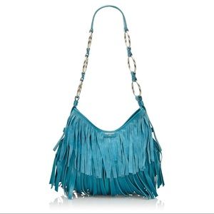 YSL Yves Saint Laurent Fringe Suede La Boheme Boho Handbag Turquoise Blue